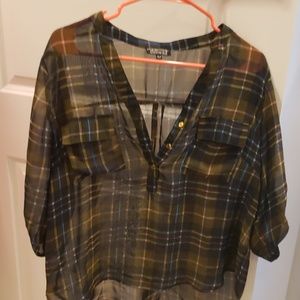 Tab Sleeves Sheer Plaid Blouse